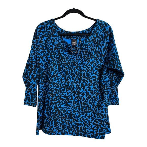 Rafaella Tops - Rafaella Top Women's L Blue Black Animal Print 3/4 Sleeve Scoop Neck Ring Detail